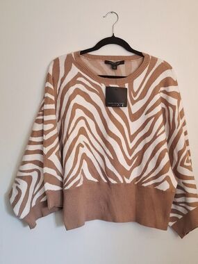 NEW Marc New York Cream and Tan Zebra-Print Crewneck Sweater Large